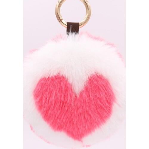 New Sweet fashion color matching round heart Fake Rabbit Fur Ball Key Chain Pompom Key Chain Key Rings Girl Women Bag Jewelry