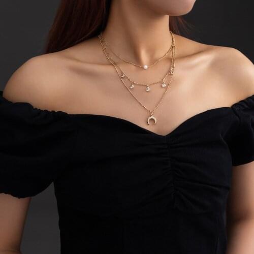 Fashion Multilayer Crystal Pendant Necklace Women Gold Color Beads Moon Star Horn Crescent Choker Necklaces Jewelry New