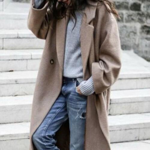 Womens Coat Long Solid Elegant Long Sleeve Turn-down Collar Woolen Coat Female Women Clothing Khaki Trench