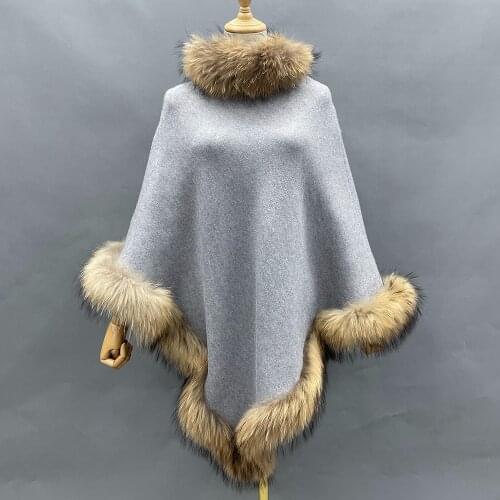 Knitted Wool Poncho With Raccoon Fur Trim Collar Black Women Cape Coat Winter Loose Warm Pullover Fur Sweater 2021 Wholesale