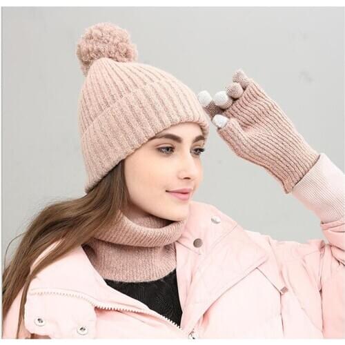 Women Solid Knitted Scarf Hat Glove Sets Telefingers Gloves Fingerless Mittens Girls Winter Sets Marled Pink Infinity Scarf Sets