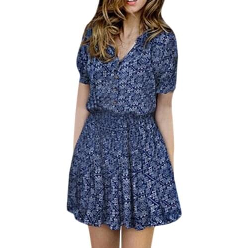 Women Summer Dress Floral Print V-neckline Casual Short Sleeve Mini Dress Sexy Vintage Printed V-neck Dress Sukienki #k3