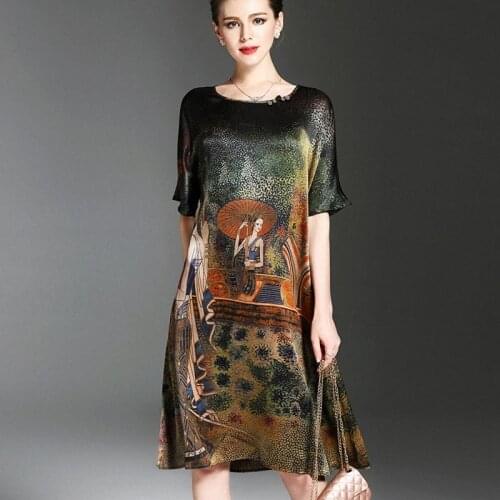 Vintage Ethnic Painting Design Women Dress Summer Half Sleeve Soft Silk Dress Elegant High Quality Brand Vestidos Plus Size Hot