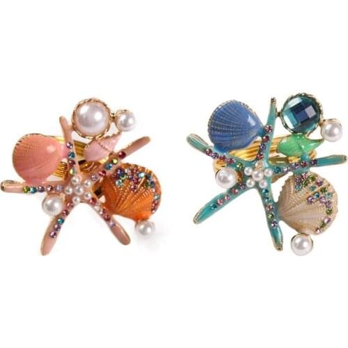6 Pcs Starfish Napkin Rings,Pearl Rhinestone Ocean Coastal Nautical Napkin Ring Holders Napkin Buckle for Party