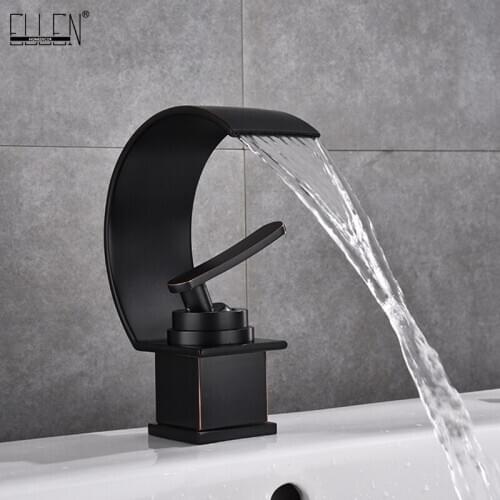 Deck Mounted Waterfall Bathroom Faucet Hot and Cold Water Mixer Tap Chrome Copper Crane Single Hole Black ELK1109