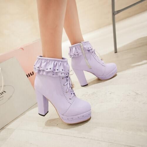 Purple pink lolita korean japanese girls boots plus size 34-48 lace-up woman platform block high heels ankle boots with ruffles
