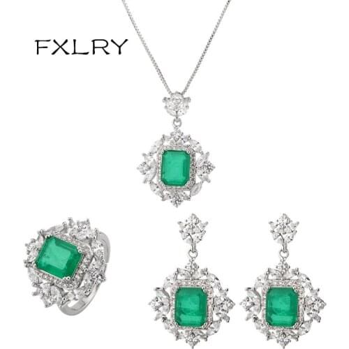 FXLRY Fashion elegant AAA green cubic zirconia vintage pendant necklace earring ring jewerly sets for women