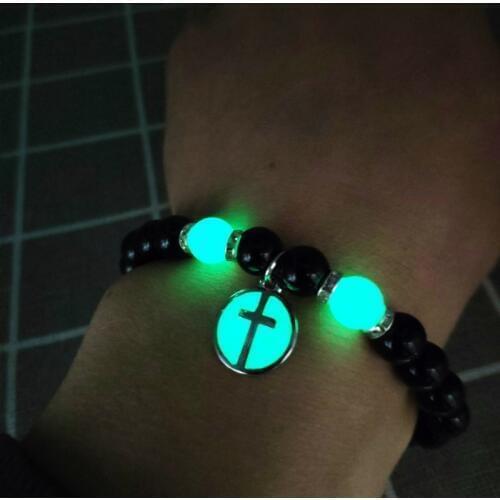 Personality Luminous Bracelet Jewelry Fashion Natural Stone Beade Bracelets Glowing Round Cross Pendant Jewelry for Women Men
