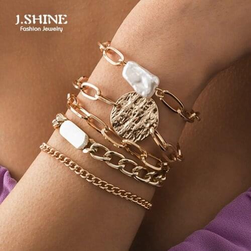 JShine 5Pcs/Set Boho Gold Color Stackable Bracelet Set for Women Boho Cuban Imitation Pearl Chain Bracelets Bangle Accessories