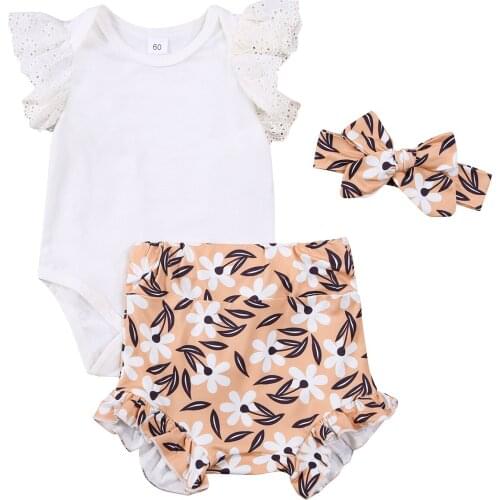 Three Piece Baby Newborn Girls Outfits Solid O Neck Romper Floral Print Short Headband Infant Toddler Summer Sets 0-24M
