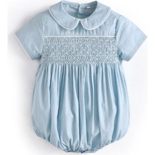 Baby Boy Handmade Smocked Bubbles Toddler Summer Short Sleeve Handmade Smocking Cotton Rompers Spanish Boutique Clothes