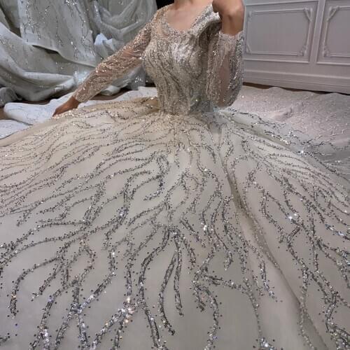 Marnham 2021 Beautiful Luxury Dubai Wedding Dress Ivory Woman Bride Ball Gown With Long Train Sleeve Princess Real Work Photo