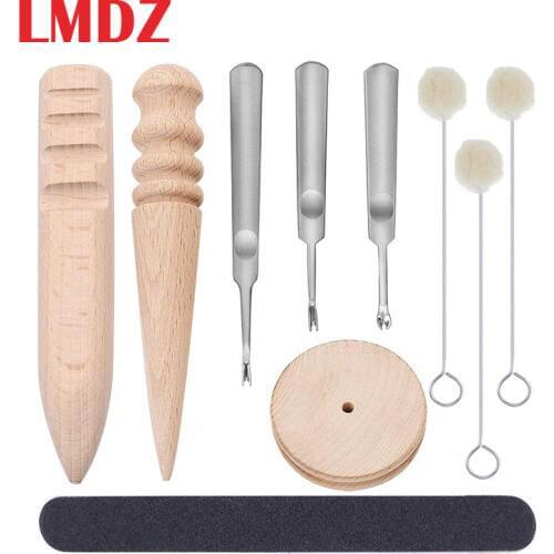 LMDZ 10Pcs Leather Craft Tool Set with Leather Edge Skiving Beveler Wood Leathercraft Edge Slicker Sanding Strip and Wool Daubes
