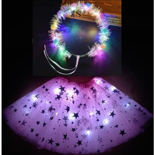 2020 new light color skirt childrens skirt luminous skirt led childrens skirt collar party dress big star skirt headdress pink