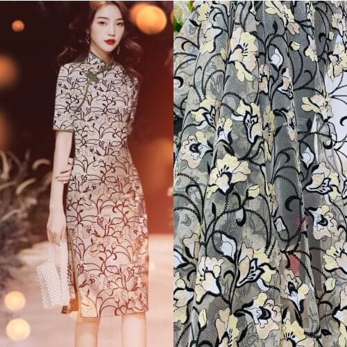 New style full of flowers net yarn embroidery lace fabric dress fashion cheongsam cloth