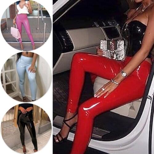 Sexy Latex Pants Women Elastic Autumn Slim Bodycon Girls PU Leather High Waist Pencil Trousers Female latex leggins Korean 2021