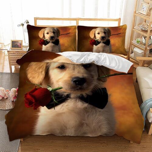 3D Dog With Red Rose bedclothes Bow tie brown dog bedding set wedding luxury Rose dachshund duvet cover sets