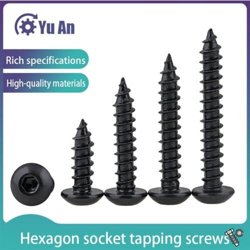 Black 8.8 Strength Pan Head Hexagon Socket Self Tapping Screw PA Hex Socket Round Head Tapping Wood Screws M3M4M5M6 10pcs