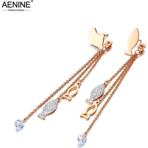 AENINE Bohemia Rhinestone Cat & Fish Tassel Earrings 316L Stainless Steel CZ Crystal Party Earrings Jewelry For Women AE20120