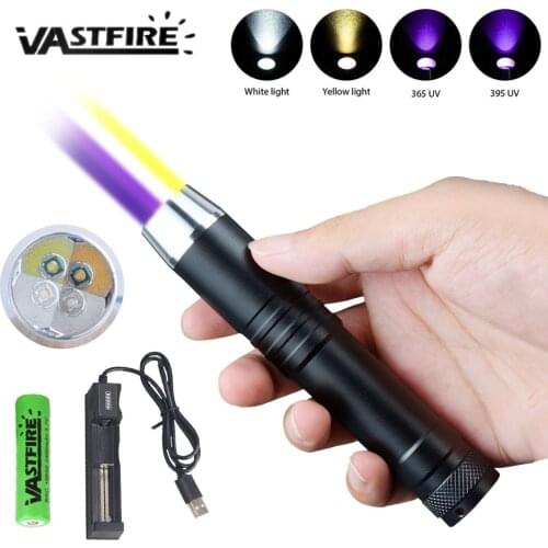 Super Bright LED UV Flashlight 18650 UV Torch Scorpion Ultra Violet Light Upgrade White+Yellow+365nm+395nm Ultraviolet Lamp Bead