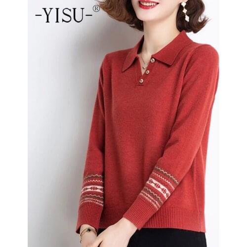 YISU Spring Long sleeve Women Sweater Lapel Buttons Solid color Spring tops Female Jumper Loose Casual Knitted pullover 2021