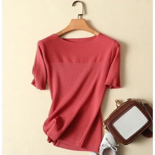 Short-Sleeved Solid Knitted Women T-Shirts Summer New O-Neck Elastic Female Pulls Outwear Tops Tees