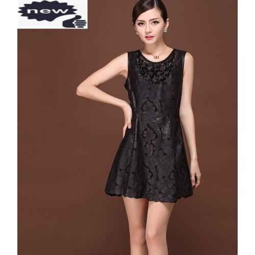 Elegant Lady Crystal Genuine Leather Pleated Mini Dress For Women Vintage Embroidery Office Work Party Sleeveless Sundress