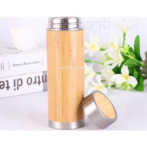 10pcs 450ML Bamboo Water Bottle Vacuum Insulated Coffee Travel Vacuum Cup With Tea Infuser Strainer Wooden Bottle