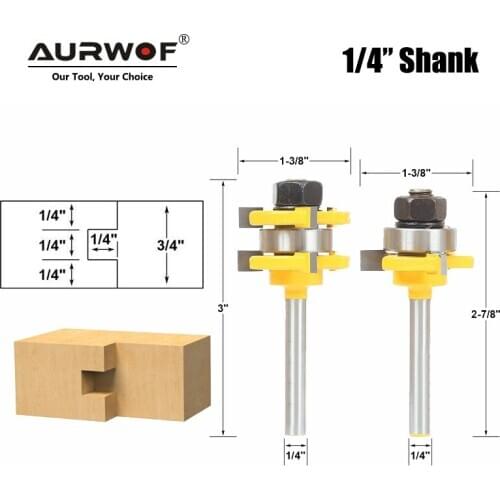 2Pcs 1/4" Shank Tongue & Groove Router Bits 3/4" Stock 3 Teeth T-shape Tenon Milling Cutter for Wood Woodworking Tools MC01018