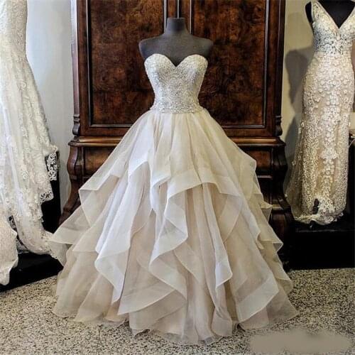 2020 Beading Sweetheart Ruffled Organza Layered Wedding Ball Gown Dress with Color Crystals Bridal Gowns Wedding Dresses