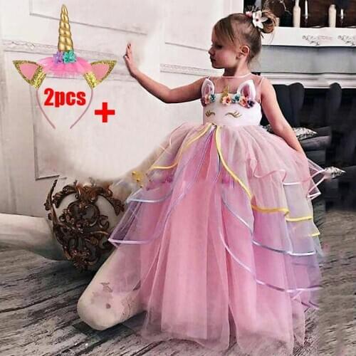 2021 Long Unicorn Dress With Hair Hoop Kids Dresses Girls Children Girl Princess Dress Party Wedding Dress 10 12 Year Vestidos