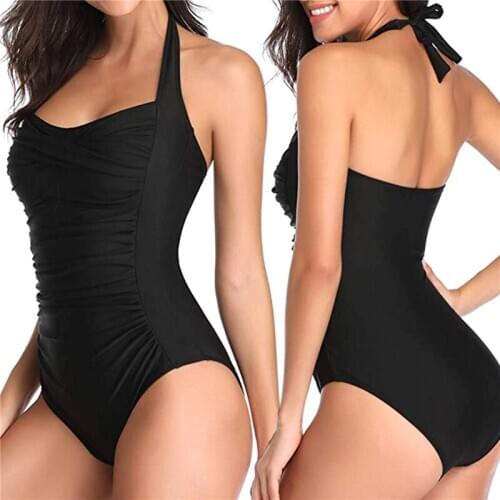 2021 Womens Solid Color One-piece Swimsuit Low Neck Triangle Halter Swimwear Slim Bikini for Beach and Swimming Bikinis Set