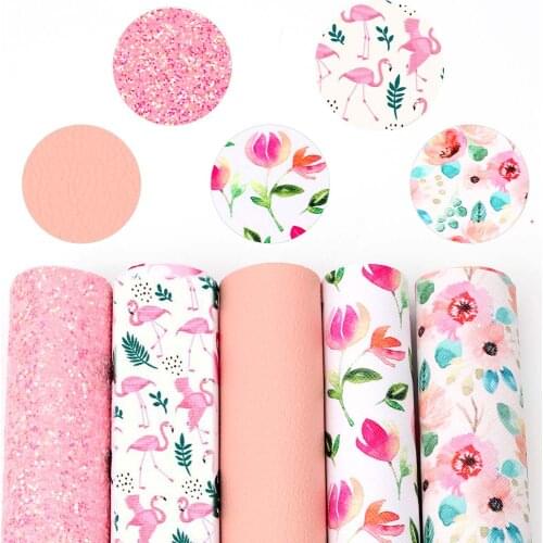 AHB 22*30cm 5pcs Glitter Faux Leather Sheets Floral Printed Synthetic Leather Fabric For Craft DIY Hairbow Handmade Bag Material
