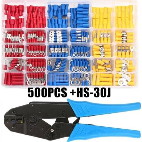 500PCS Insulated Cable Connector Electrical Wire Crimp Spade Butt Ring Fork Ring Lugs Rolled Terminals Crimper Plier Tool Kit
