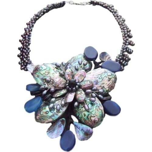 YYGEM fancy and rice black Freshwater pearl Abalone Shell Agate Flower wrap Statement Necklace 20"