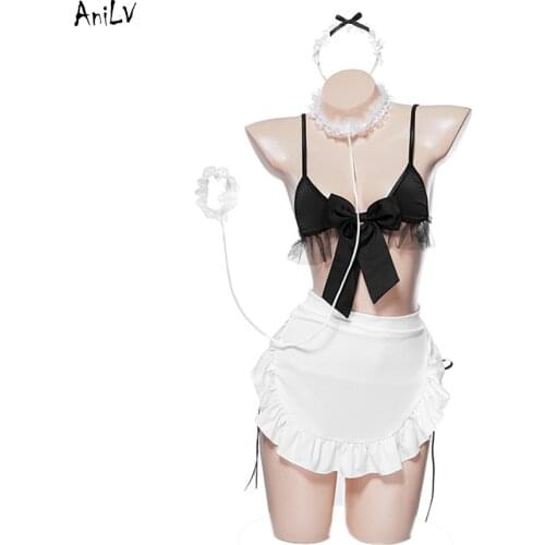 AniLV Anime Maid Girl Chest Bow Straps Beach Bikini Swimsuit Costume Kawaii Swimwear Uniform Set Pool Party Cosplay