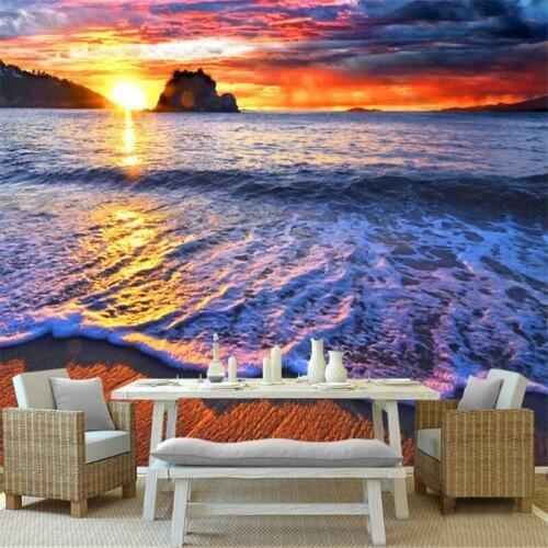 Custom modern 3d high quality non-woven wallpaper mural 3d wallpaper fantasy beautiful sunrise seaside scenery background wall