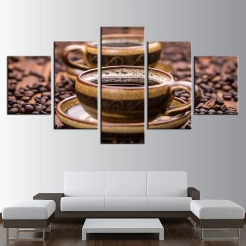 HD Prints Canvas Wall Art For Living Room Home Decor Pictures 5 Pieces Retro Coffee Cup Painting Coffee Bean Poster(No Frame)