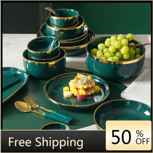 Ceramic Dinner Set Plates And Dishes Green Bone China Dinner Sets Porcelain Plate Luxury Pratos De Jantar Conjunto Cutlery Set