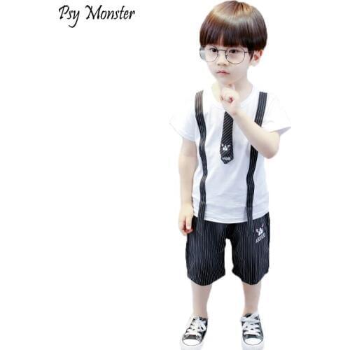 Boys clothing set white black shirt blouese Tie + Sport striped shorts Pants Kids Two Pieces Set Sport Suit 2pcs summer X15