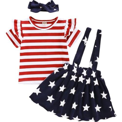 Girls Red Round Collar Short Sleeve Cotton Tops Suspender Skirt And Headdress Three-Piece Clothes Set 1-4 Years Spring/ Summer
