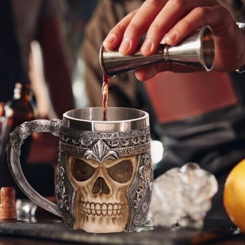 Creative Skull Coffee Mug Festival Atmosphere Tea Beer Cup Stainless Steel Resin Knight Halloween Retro Viking Mug