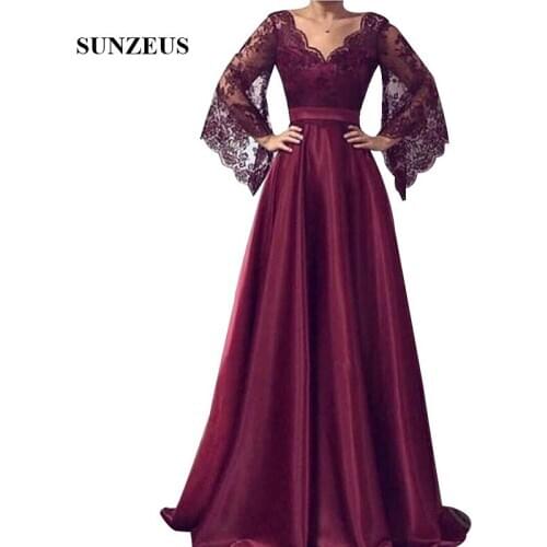 Lace Long Sleeves Evening Dresses A-line V-neck Burgundy Satin Formal Women Dress 2019 Long Party Gowns