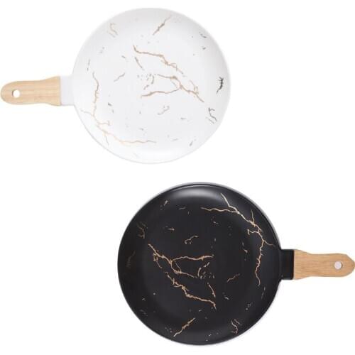 Marble Stripe Ceramic Round Pizza Pasta Plate Cookware Porcelain Sushi Tableware Wooden Bamboo Handle Hold In Hand Suspension