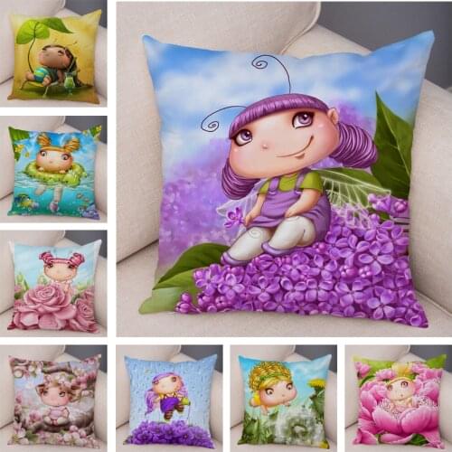 Cartoon Flower Girl Pillowcase Decor Fairy Tale World Pillow Case for Sofa Children Room Super Soft Plush Cushion Cover 45x45cm
