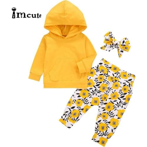 Imcute Newborn Baby Boys Suit Kids Outfits Children Clothing Yellow Hoodied +Sunflower Trousers+Headwear Baby Girls Clothes Set