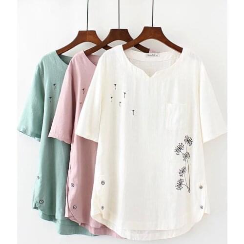 Plus size cotton linen Embroidered women t shirt 2021 half sleeve t-shirts women tops tshirt summer tee