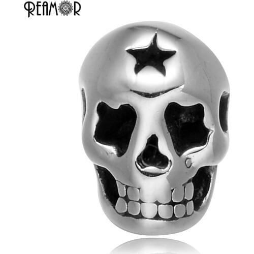 REAMOR Polishing Star Skull Punk Charms Beads 2mm Small Holes Charms 316L Stainless Steel Beads for DIY Bracelets Jewelry Making