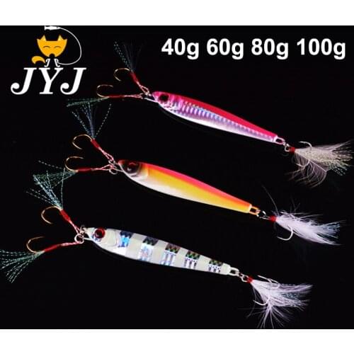 1pc 60g/80g/100g Slow Pitch Jigging Fishing Lure Metal Vertical Fishing Jig Spoon With Treble Hook And Assist Hook