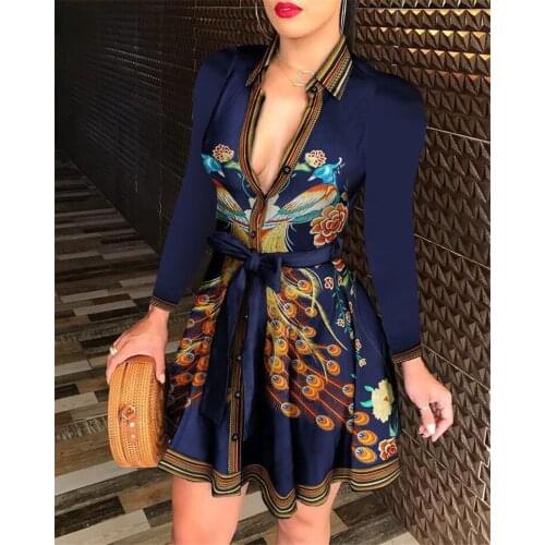 Vintage Floral Print Shirt Dress 2021 Sexy Women Long Sleeve Deep V-neck Buttons Up High Waist Pencil Dress 3 Colors